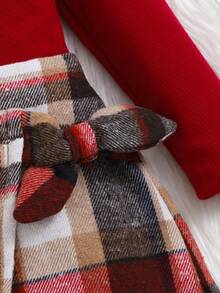 女婴三件套红色长袖蝴蝶结上衣、格子蝴蝶结裙和帽子套装 - 紅色 - 查看 7