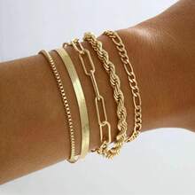 Luxury Gold-Plated Bracelet Set ✨6 Pieces | Multi-Style Mixed Chain Bracelet | Long-Lasting Color Retention And Anti-Allergic | Simple Thin Chain + Personalized Thick Chain | Daily Party Stacking Artifact | Light Luxury Niche High-End Jewelry | Recommended Birthday Gifts For Girls 6-Piece Set Bohemian Minimalist Bracelet, Metal Woven Bracelet, Women's Set Bracelet, Multi-Layer Set Bracelet, Simple And Fashionable Bracelet - 金色 - 查看 5
