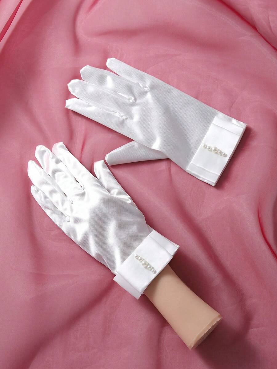 白色优雅新娘手套，简约仿珍珠装饰，适合女士婚礼或舞会，全指短手套秋季配饰