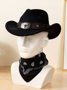 1 Set Unisex Cowboy Hat With Bull Horn Decor + 1 Cashew Pattern Scarf Fashion Outfit, Suitable For Horse Riding, Rodeo, Music Festivals, Bars, Gifts And Daily Use