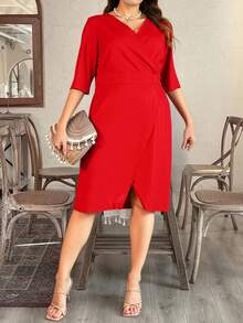 Vestido plus size dama mujer escote v mangas 3/4 elegante formal evento fiesta graduacion fiesta xv bautizo cumpleaños boda invitada atemporal clasico dia noche abertura - Rojo - Ver 1