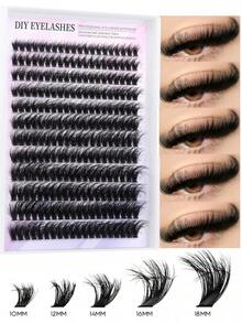 MEM 240/192片D型卷翘高密度假睫毛套装，新手友好，柔软自然，单根嫁接，持久轻盈，适合日常妆容，10-20毫米混合长度，轻松在家DIY，40D、60D、80D、100D混合浓密睫毛簇 - 黑色 - 查看 2