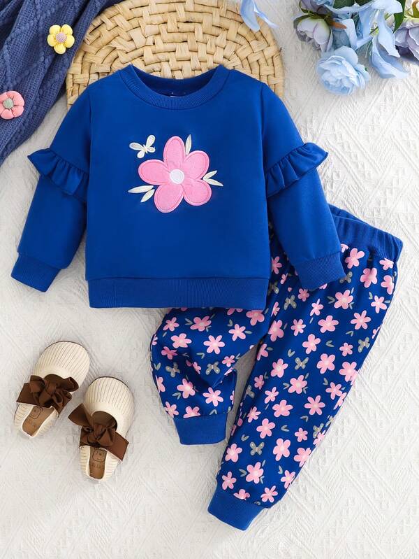 طقم ملابس علوية كم طويل بنفس وردي مزين بالكشكشة وبنطلون مطبوع بالزهور وردي كامل للبنات الصغيرات مجموعة من قطعتين، خريف/شتاء