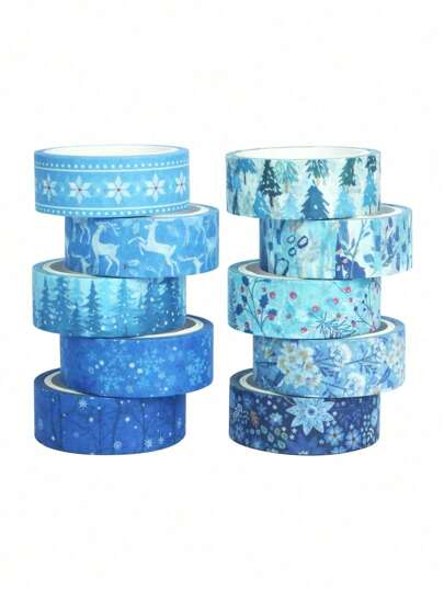 10 Rolls/Box, Winter Christmas Theme Washi Tape, Snowflakes, Pines, Flowers, Fawns, Etc. Pattern Design, Handiwork DIY Craft Decoration Material Paper, Suitable For Gift Wrapping, Scrapbooking And Party Decoration, Holiday Party Decoration Gifts,For School Supplies,Back To School