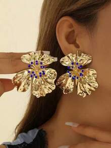 1 Pair Fashionable Exaggerated European & American Metallic Floral Rhinestone Earrings, Elegant Luxury High-End Gold Tone Stud Earrings Suitable For Women's Banquet, Party, Wedding, Holiday Gift - Flower Earrings - View 6