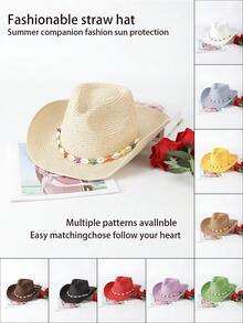 1 件纯色波西米亚休闲草编宝石牛仔帽，海滩度假防晒草帽，男女通用，适合通勤，四季皆宜