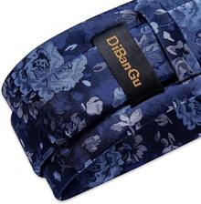 Conjunto de corbata de seda con estampado floral, incluye pinza de corbata, pañuelo y gemelos - Azul marino - Ver 6
