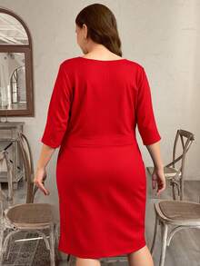 Vestido plus size dama mujer escote v mangas 3/4 elegante formal evento fiesta graduacion fiesta xv bautizo cumpleaños boda invitada atemporal clasico dia noche abertura - Rojo - Ver 3