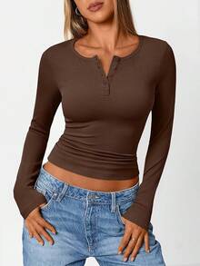 Womens Long Sleeve Shirts Henley Casual Outfits Slim Fitted Polyester Tops Ribbed Fashion Basic Tees 2026 Light And Breathable - Coffee - View 2
