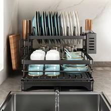 2-Tier Black Expandable Dish Drying Rack, Suitable For Kitchen Countertops, Large Dish Drainer With Pot Rack, Cup Rack, And Dish Rack For Iron Kitchen Counters And Sink Dish Racks - Large-Capacity Storage Rack With Draining Board, Dish Rack, And Cup Hooks - Foldable Design, Efficiently Saves Space For Storing Plates, Bowls, Pots, And Utensils, Efficiently Stores Plates | Foldable Rack | Durable Kitchenware, Kitchen Countertop Dish Drying Rack - màu đen - Xem 5