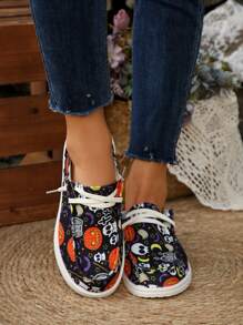 圆头撞色一脚蹬万圣节鬼南瓜蝙蝠搞怪元素时尚百搭轻便派对女款卡通帆布鞋
