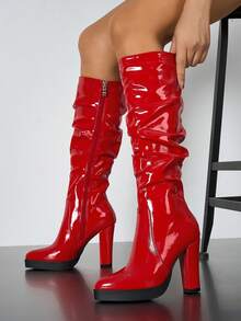 Women's Autumn/Winter Fashion Comfortable New High Shaft Rider High Platform Side Zipper Thick Heel Boots, Elegant & Minimalist - Red - View 3