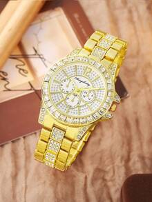 1pc Versatile Rhinestone Women's Watch, Fashionable Quartz Ladies Watch With 5pcs Simple Wheat Chain Bracelet Set - Black - View 3