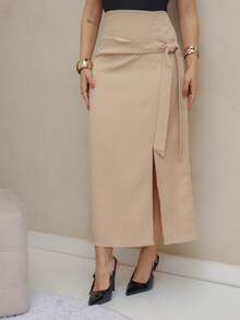 Frenchy Women's Casual Solid Color Drawstring Wrap Skirt, Spring/Summer/M5509 - 杏色 - 查看 1