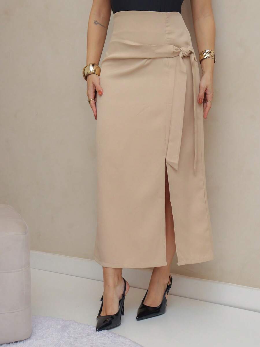 Frenchy Women's Casual Solid Color Drawstring Wrap Skirt, Spring/Summer/M5509 - 杏色 - 查看 1
