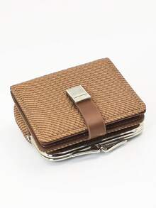 Carteira curta feminina de palha trançada, fecho de pressão em PU macio, porta-moedas multifuncional, porta-cartões, minimalista, leve, compacta e portátil, adequada para presentes de Natal para mulheres, carteira, carteira, carteira fofa - Castanho - Ver 6