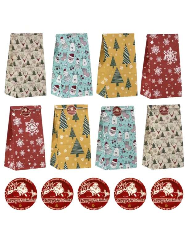 12/24 piezas Bolsas de regalo de Navidad, material de papel kraft con pegatinas de sellado, bolsas de embalaje de alimentos, bolsas de envoltura resistentes al aceite para pasteles, galletas, pan, caramelos, con estampados de copos de nieve, árbol de Navidad, muñeco de nieve, reno, para regalos, decoraciones navideñas, pijamas navideños, regalos de Navidad, decoración navideña