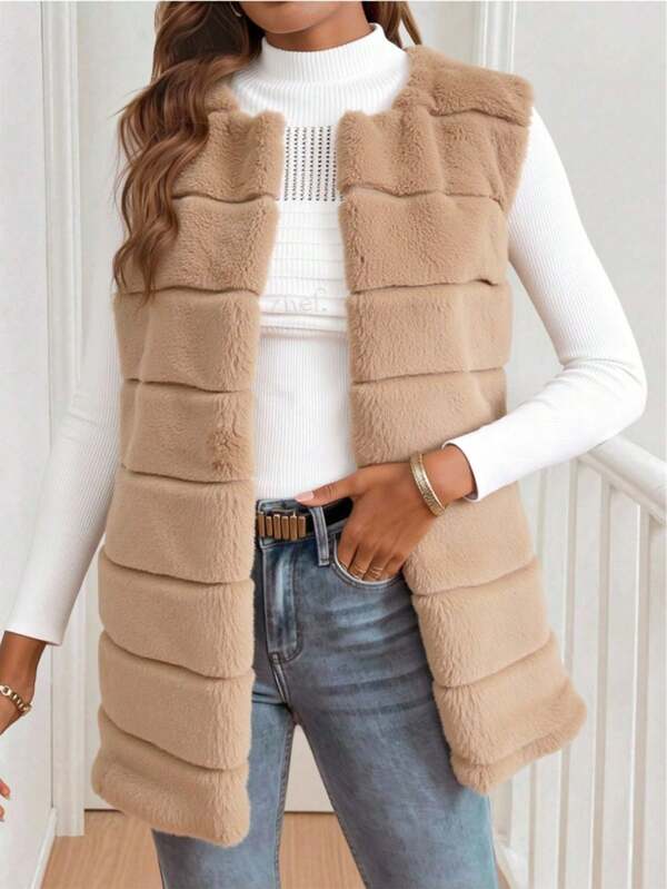 Chaleco Abrigadora Peluche dama  mujer abierto bajo largo costura visible noche caliente frío invierno cómodo