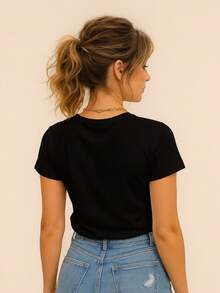 Women's Basic Viscolycra Blouse Round Neck Baby Look Short Sleeve - Black - View 3