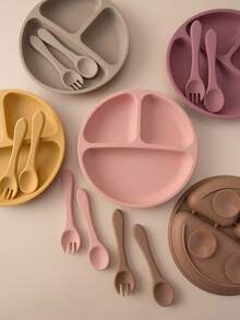 PopLittleOne 3 件装婴儿食物储存硅胶碗宝宝防水叉勺吸盘硅胶餐盘纯色婴儿餐具