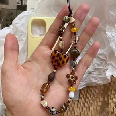 Vintage Heart Shape Mushroom Design Keychain Amber Color Plastic Phone Lanyard Anti-Lost Strap Bracelet Decoration Pendant Y2K
