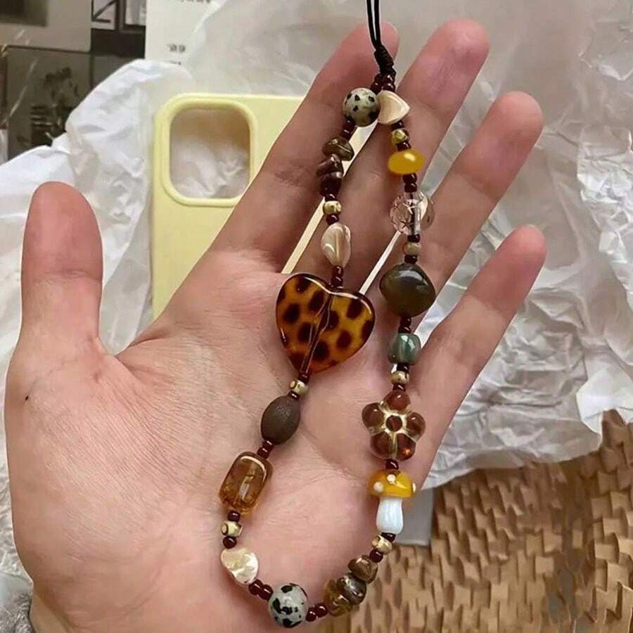 Porte-clés vintage en forme de cœur avec design de champignon de couleur ambre. Sangle de téléphone anti-perte en plastique, décoration pendentif bracelet style Y2K - Multicolore - Voir 1