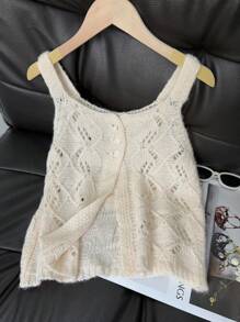 Women's Retro Sleeveless Cardigan With Single-Breasted Design, Heavy Knit Vest Top For Early Autumn - Beige - View 5