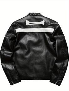 Men's Faux Leather Skull Print Jacket, Zipper Closure Stand Collar Motorcycle Bomber Jacket, Men's Black & White Contrast PU Leather Coat - Black - View 3