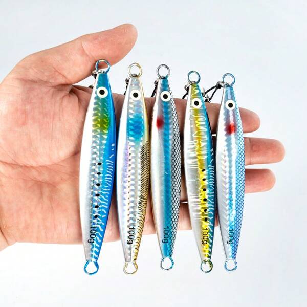 5Pcs Luminous Fishing Bait 10/20/30/40/60/80/100g Metal Jig 3D Eyes Sinking Lure Laser Casting Jigging Lure Artificial Hard Bait With Bright Silk Sharp Hooks