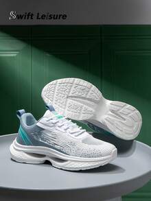 Men's Classic Black And White Lace-Up Comfortable Sports Shoes, Fashion Splicing Contrast Color Mesh Casual Running Sneakers - White Lake Blue - View 3