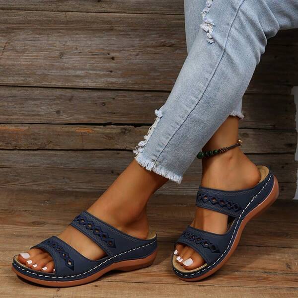 Elegante Damensandalen, Keilabsatz Pantoletten mit Hohlmuster