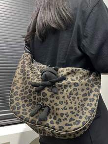 女款時尚尼龍信使包，大容量純色斜挎包，固定肩帶，聚酯纖維內裡，加厚休閒托特包 - 棕色 - 查看 3