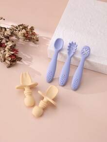 5PCS Personalized Customization Name Baby Silicone Utensils Mini Spoon Fork Food Accessories Solid Color Baby Tableware Print On Demand Baby's Cutlery - Multicolor - View 10