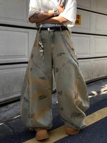 1pc Vintage American Design Mud Dye Wash Patchwork Handpainted Barrel Leg Jeans (Product Does Not Include Belt And Accessories) - Yellow - View 6