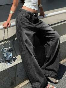 女士休闲宽松阔腿牛仔裤，百搭实用，适合日常通勤和春季街头穿搭 - 深灰色 - 查看 4