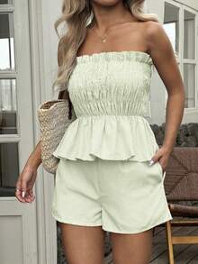 Bộ đồ hai mảnh Vaiaye mùa hè phong cách Hawaii Bohemian dành cho nữ - Áo quây xếp ly kẻ sọc và quần short, thích hợp cho các buổi hẹn hò, tiệc trà chiều, kỳ nghỉ, lễ hội âm nhạc và Ngày Valentine. - màu xanh lá - Xem 2