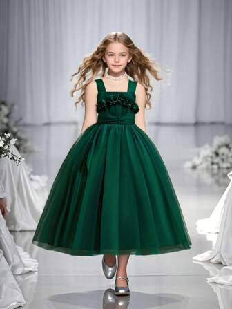 Flower Puff Tulle Long Dress, Performance Gown For Young Girls