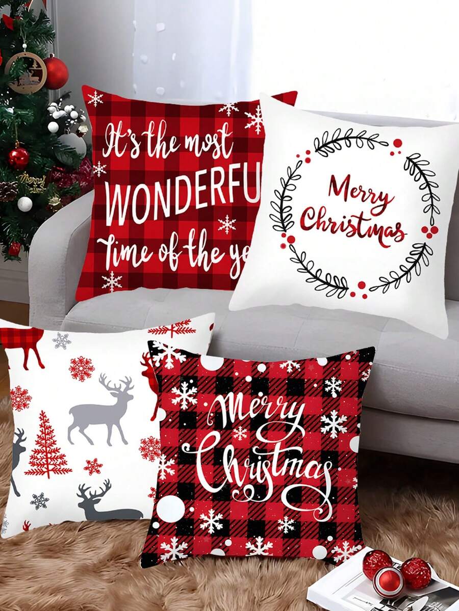 4 件套圣诞装饰枕套，红黑格子圣诞树驯鹿图案靠垫套，圣诞快乐派对装饰，圣诞客厅卧室装饰枕套，圣诞床椅沙发装饰沙发套，圣诞家居装饰，房间装饰，2026 新年装饰，圣诞装饰，圣诞礼物 - 紅色聖誕主題 - 查看 1