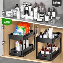 Sink-Under Storage Rack 2-Piece Set, Two-Tier Kitchen Cabinet Storage Rack, Double-Layer Sliding Cabinet Basket Storage Drawer, Multi-Functional Bathroom Collection Basket In Black, Suitable For Bathroom And Kitchen Countertop Storage Rack, Comes With 8 Hooks And 4 Baskets - 2 Black - View 3