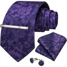Silk Floral Necktie Set With Tie Clip, Handkerchief & Cufflinks - Purple - View 2