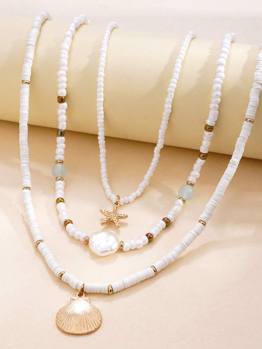 3件套夏季女孩海滩度假风格海星和贝壳串珠多层项链 - 均碼 - 查看 1