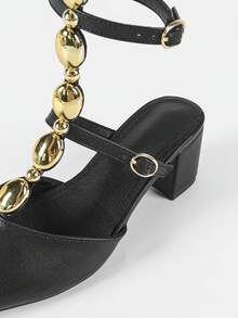 SOLE STORY Women's Black Leather Metal Double Ring Chain Decor Pointed Toe Low Vamp Ankle Strap 5.3cm Chunky Heel Sandals, Commuting Fashion Summer - Black - View 8