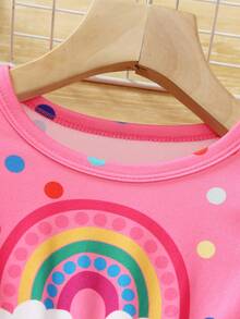 Young Girls' Cute Colorful Polka Dot & Rainbow Print Cap Sleeve Round Neck Knee-Length Casual Dress, 2025 New Arrival - Hot Pink - View 2