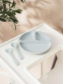 PopLittleOne 3 件装婴儿食物储存硅胶碗宝宝防水叉勺吸盘硅胶餐盘纯色婴儿餐具