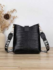 Fashion Black Crocodile Embossed Bucket Bag With LOVE Letter Strap, Women's Shoulder & Crossbody Bag - Black - View 3