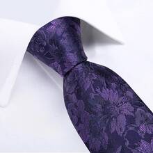 Silk Floral Necktie Set With Tie Clip, Handkerchief & Cufflinks - Purple - View 3
