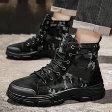 [Rozmiar o połowę większy] Męskie buty robocze z wysoką cholewką w kamuflażu, sznurowane, retro buty outdoorowe, modne, oddychające, antypoślizgowe buty, odpowiednie do podróży na świeżym powietrzu, buty pustynne - Czarne - Zobacz 6