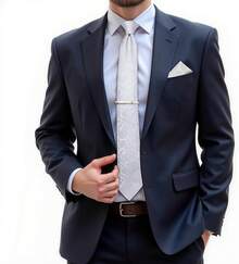 Conjunto de corbata de seda con estampado floral, incluye pinza de corbata, pañuelo y gemelos - Blanco sólido - Ver 2