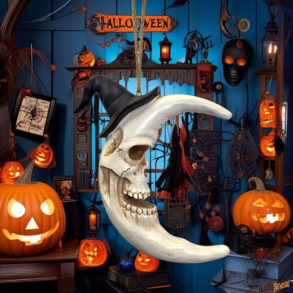 Conjunto de decoración colgante de sombrero de mago esqueleto de Halloween y luna de resina - Decoración para fiesta de terror/casa embrujada/cafetería temática/exhibición de entrada espeluznante