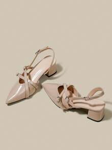 女士杏色漆皮尖头单带粗跟高跟鞋，优雅尖头正式高跟鞋，时尚露跟高跟鞋 - 杏色 - 查看 4